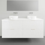Timberline Sutherland House Regency white wall hung vanity with twin white above-counter basins and carved drawer fronts