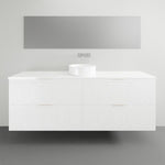 Timberline Sutherland House Regency wall hung vanity in white, with routed drawer fronts and white top, front view.