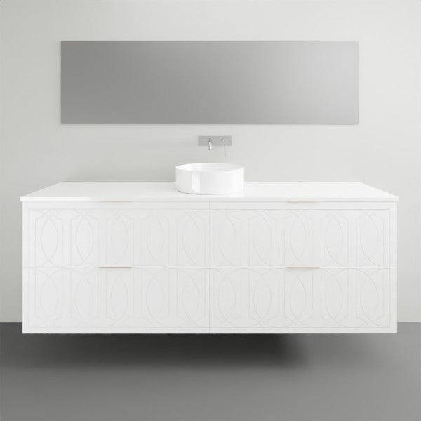 Timberline Sutherland House Regency wall hung vanity in white, with routed drawer fronts and white top, front view.