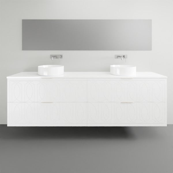 Timberline Sutherland House Regency wall hung vanity in white, with curved drawer fronts and twin above-counter basins.