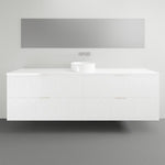 Timberline Sutherland House Regency white wall hung vanity with curved drawers and round basin top over grey floor.
