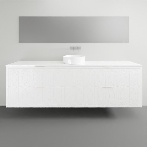 Timberline Sutherland House Regency white wall hung vanity with curved drawers and round basin top over grey floor.