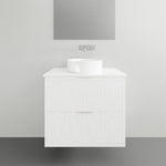 Timberline Sutherland House Regency wall hung vanity in white oak finish with round white basin, front view