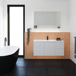 Timberline Swift wall hung vanity with white ceramic top, shown in a modern bathroom setting