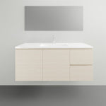 Timberline Swift wall hung vanity with white ceramic top and light woodgrain cabinet, front view