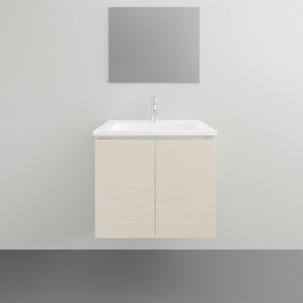 Timberline Swift wall hung vanity with white ceramic top, prime oak finish, front view with square mirror above