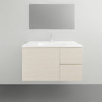 Timberline Swift wall hung vanity with white ceramic top and light woodgrain cabinet, front view, wall mounted bathroom furniture
