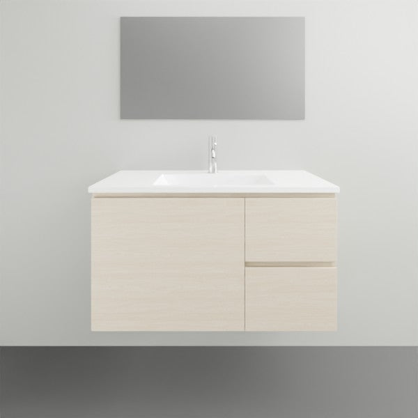 Timberline Swift wall hung vanity with white ceramic top and light woodgrain cabinet, front view, wall mounted bathroom furniture