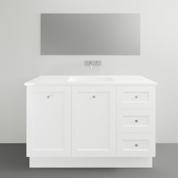Timberline Victoria floor-standing vanity in white satin with Alpha ceramic top, integrated basin and three drawers