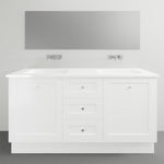 Timberline Victoria floor standing vanity in white satin with Alpha ceramic top, integrated basin and three drawers, front view