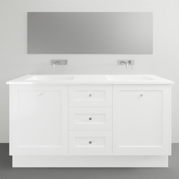 Timberline Victoria floor standing vanity in white satin with Alpha ceramic top, integrated basin and three drawers, front view
