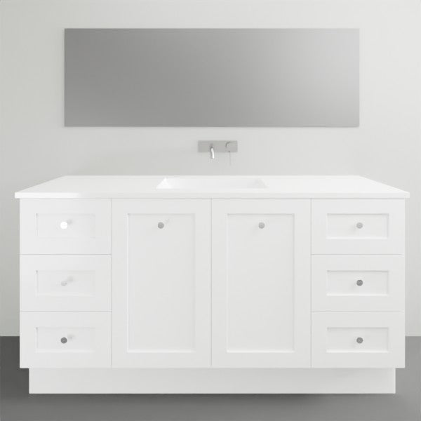 Timberline Victoria white floor standing vanity with Alpha ceramic top, classic shaker profile and single basin, front view