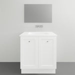 Timberline Victoria white floor standing vanity with Alpha ceramic top and integrated basin, front view under wall mirror