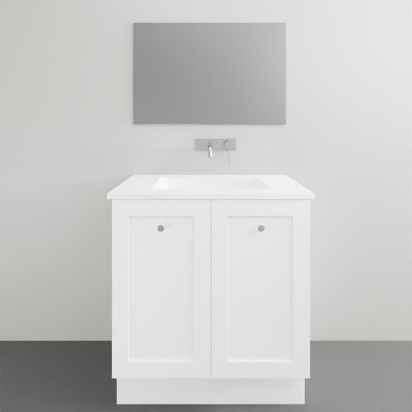 Timberline Victoria white floor standing vanity with Alpha ceramic top and integrated basin, front view under wall mirror
