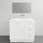 Timberline Victoria white floor standing vanity with Alpha ceramic top, single bowl and three drawers, front view