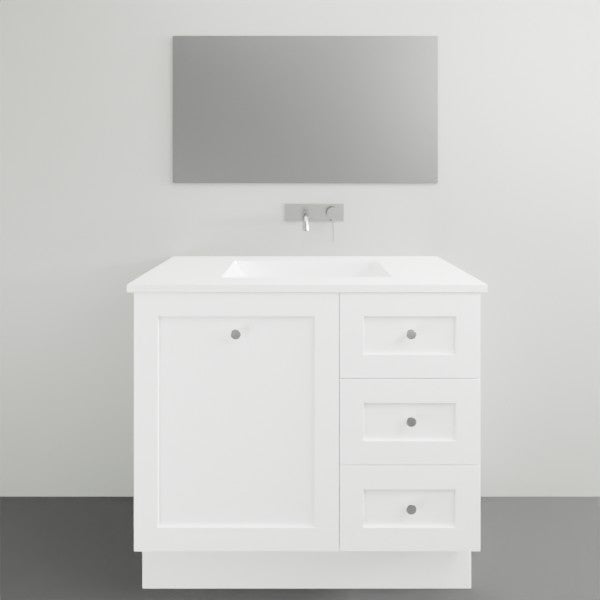 Timberline Victoria white floor standing vanity with Alpha ceramic top, single bowl and three drawers, front view