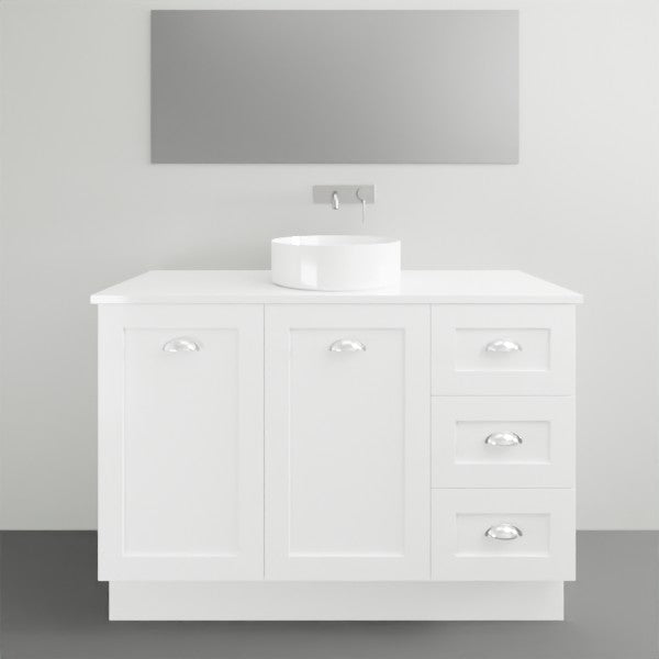 Timberline Victoria floor standing vanity in white with silksurface top and round above basin, front view