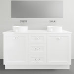 Timberline Victoria freestanding vanity, white finish, silksurface top and double above basins, front view