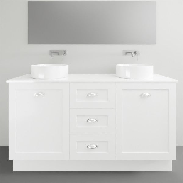Timberline Victoria freestanding vanity, white finish, silksurface top and double above basins, front view