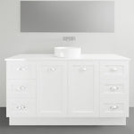 Timberline Victoria floor standing vanity in white, with Silksurface top and above basin, front view