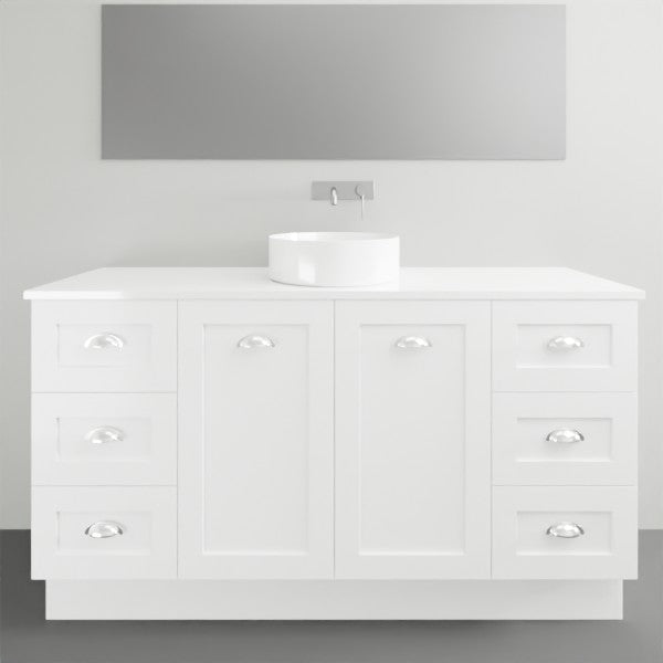 Timberline Victoria floor standing vanity in white, with Silksurface top and above basin, front view