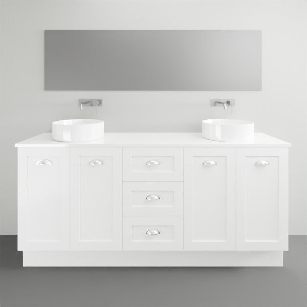 Timberline Victoria floor standing vanity in white with Silksurface top, double above basins and chrome handles