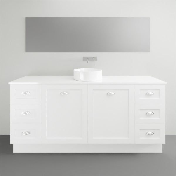 Timberline Victoria floor standing vanity in white, with Silksurface top and above basin, front view
