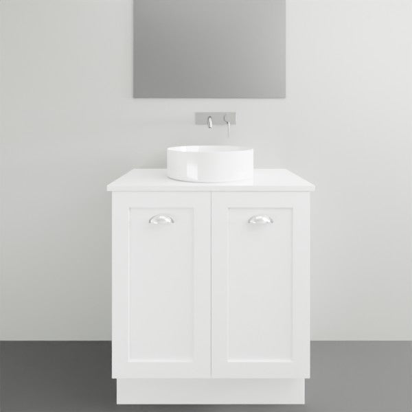 Timberline Victoria floor standing vanity in white with Silksurface top and round above basin, front view