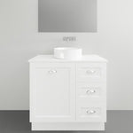 Timberline Victoria floor standing vanity in white with silksurface top and above basin, single bowl, front view