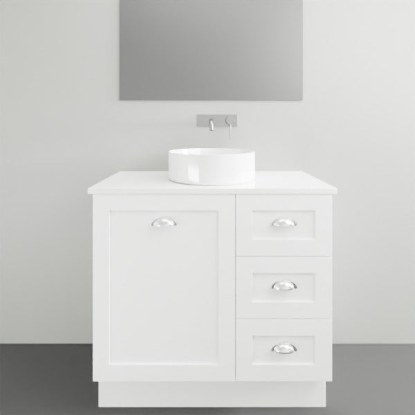 Timberline Victoria floor standing vanity in white with silksurface top and above basin, single bowl, front view