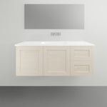 Timberline Victoria wall-hung vanity with white ceramic top, cream cabinet and integrated basin, front view
