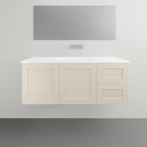 Timberline Victoria wall-hung vanity with white ceramic top, cream cabinet and integrated basin, front view