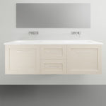 Timberline Victoria wall hung vanity with white ceramic top, integrated basin and 3-door beige cabinet front view
