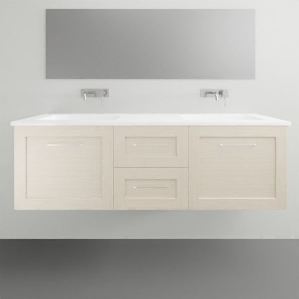 Timberline Victoria wall hung vanity with white ceramic top, integrated basin and 3-door beige cabinet front view