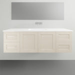 Timberline Victoria wall hung vanity with white Alpha Ceramic top, shown front-on in a classic cream finish with fingerpull drawers and doors