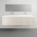 Timberline Victoria wall hung vanity with white ceramic top, light timber-look finish, wide front view