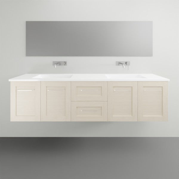 Timberline Victoria wall hung vanity with white ceramic top, light timber-look finish, wide front view