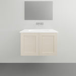 Timberline Victoria wall-hung vanity with white Alpha ceramic top, light timber-look cabinet and double doors