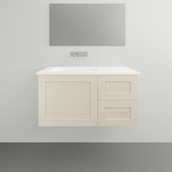 Timberline Victoria wall hung vanity with white ceramic top, light timber-look finish, integrated basin and grey mirror above