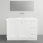 Timberline Victoria white floor standing vanity with under counter basin and three drawers, front view in bathroom setting