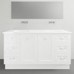 Timberline Victoria white floor standing vanity with white top and chrome handles, front view in bathroom setting