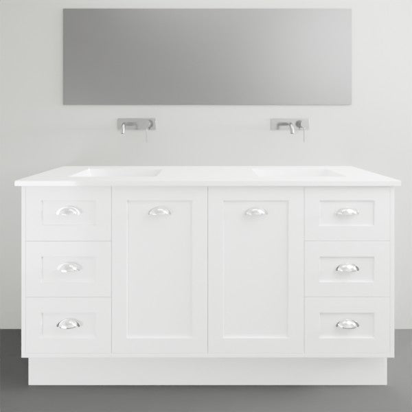 Timberline Victoria white floor standing vanity with white top and chrome handles, front view in bathroom setting