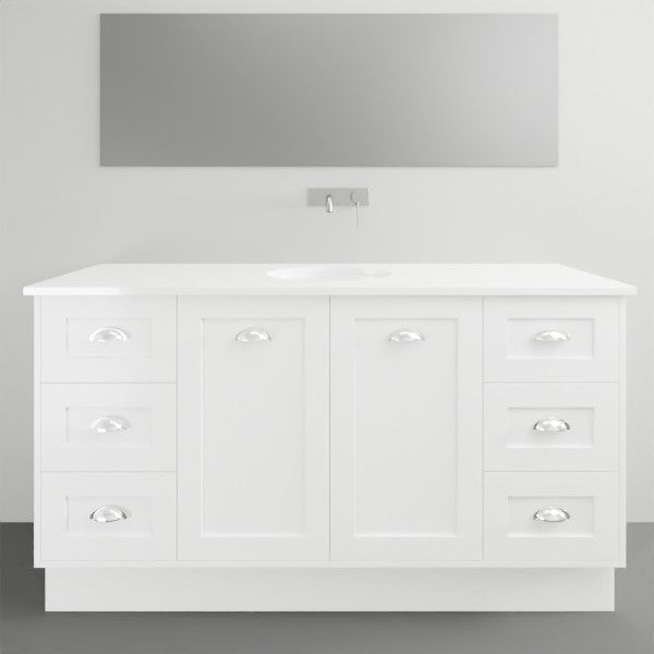 Timberline Victoria floor standing vanity in white gloss, 1500mm double bowl with under counter basin and chrome handles