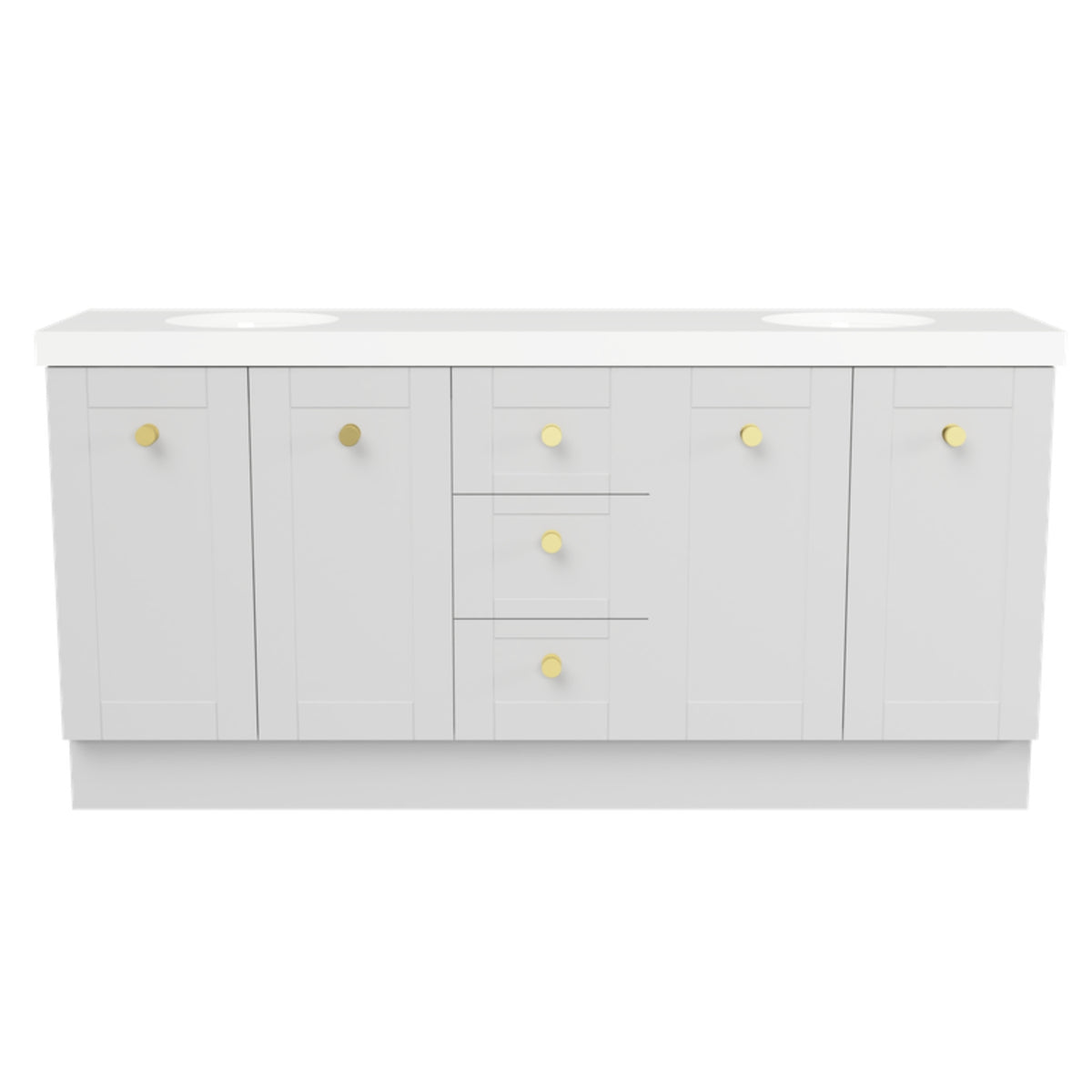 Timberline Victoria floor standing vanity, white shaker style with 5 doors, white top and brass knobs