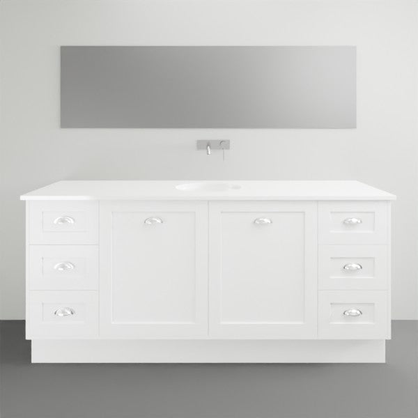 Timberline Victoria white floor standing vanity with white top and double undercounter basin, front view