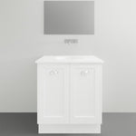 Timberline Victoria white floor standing vanity with undercounter basin, shown front on in bathroom setting with mirror above