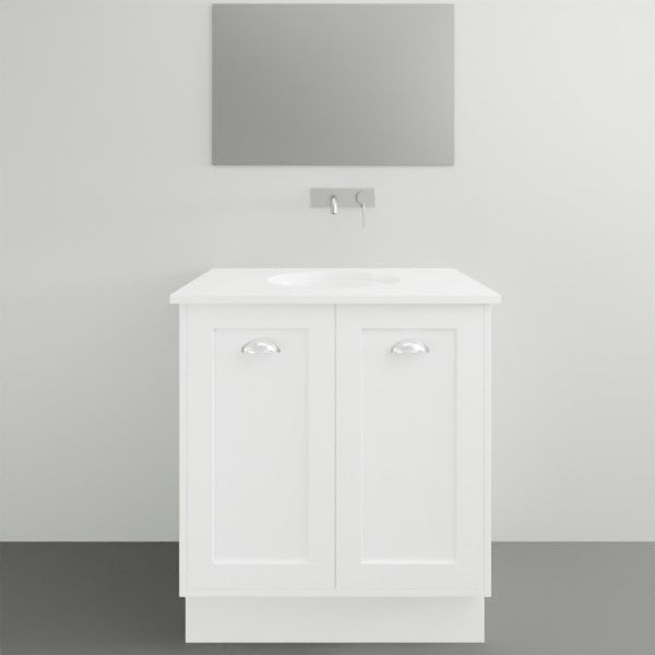 Timberline Victoria white floor standing vanity with undercounter basin, shown front on in bathroom setting with mirror above