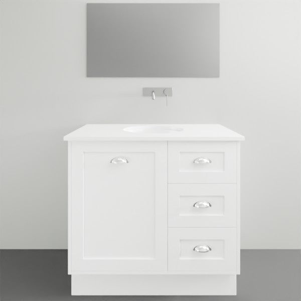 Timberline Victoria 1200mm white floor standing vanity with under counter basin, front view in bathroom setting