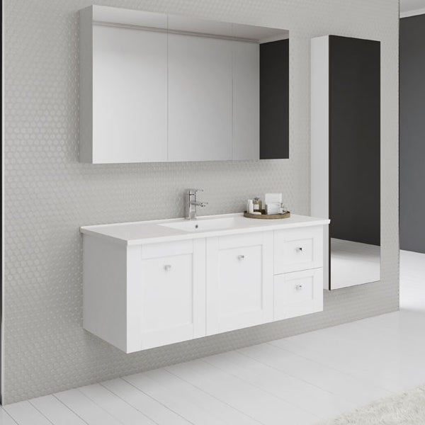 Timberline Victoria white wall-hung vanity with Alpha ceramic top and integrated basin, shown in a bathroom setting with mirror.