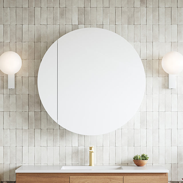 Timberline Havana round shaving cabinet with white mirror doors, above a timber vanity in bathroom setting
